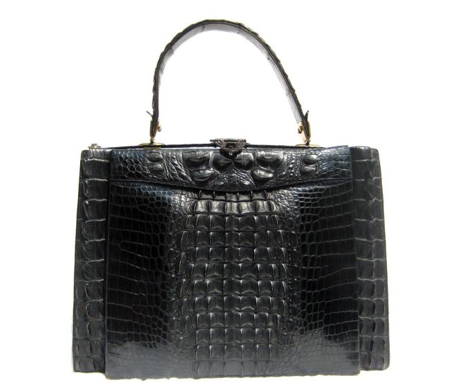 Amazing JET BLACK Hornback ALLIGATOR Skin Handbag