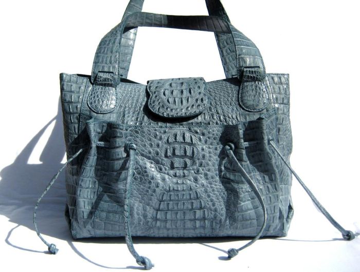 POWDER BLUE Hornback Crocodile Skin Satchel Shoulder Bag